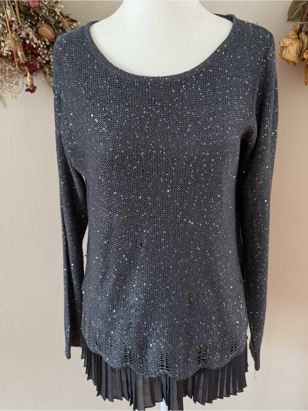 Sioni Fairygrunge Sparkly Charcoal Knit Scoop Neck Sweater